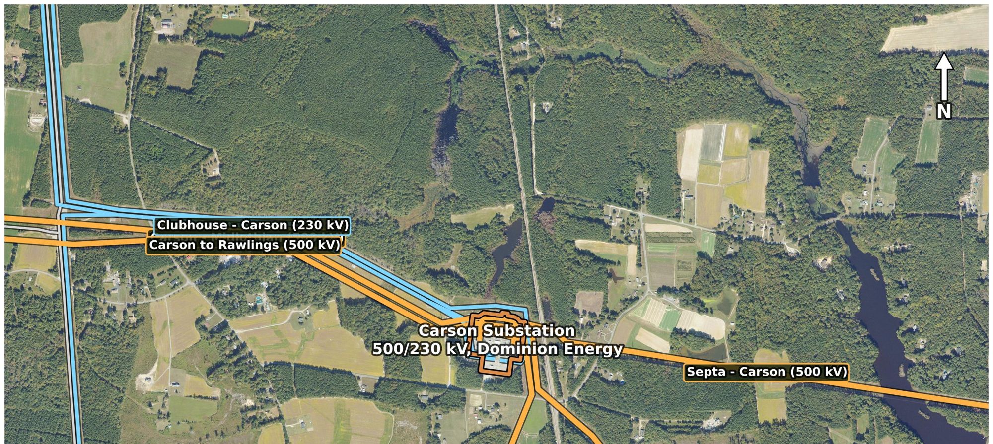 Aerial view of Carson Substation, Dinwiddie County, with labeled 500 kV and 230 kV lines