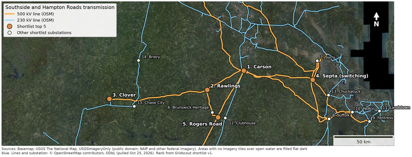 Regional map of Southside Virginia transmission lines